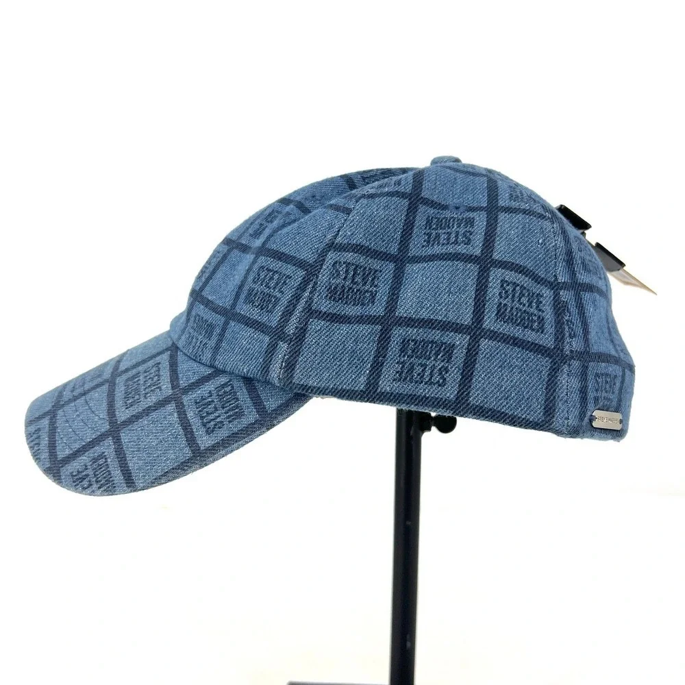 Steve‎ Madden Dark Denim Baseball Hat Womens Multi-Logo Strapback Hat Blue NWT